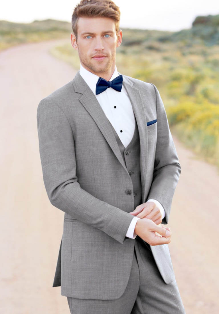 Model wearing a gray suit