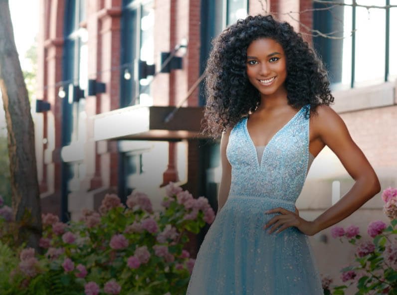 Model wearing a blue gown