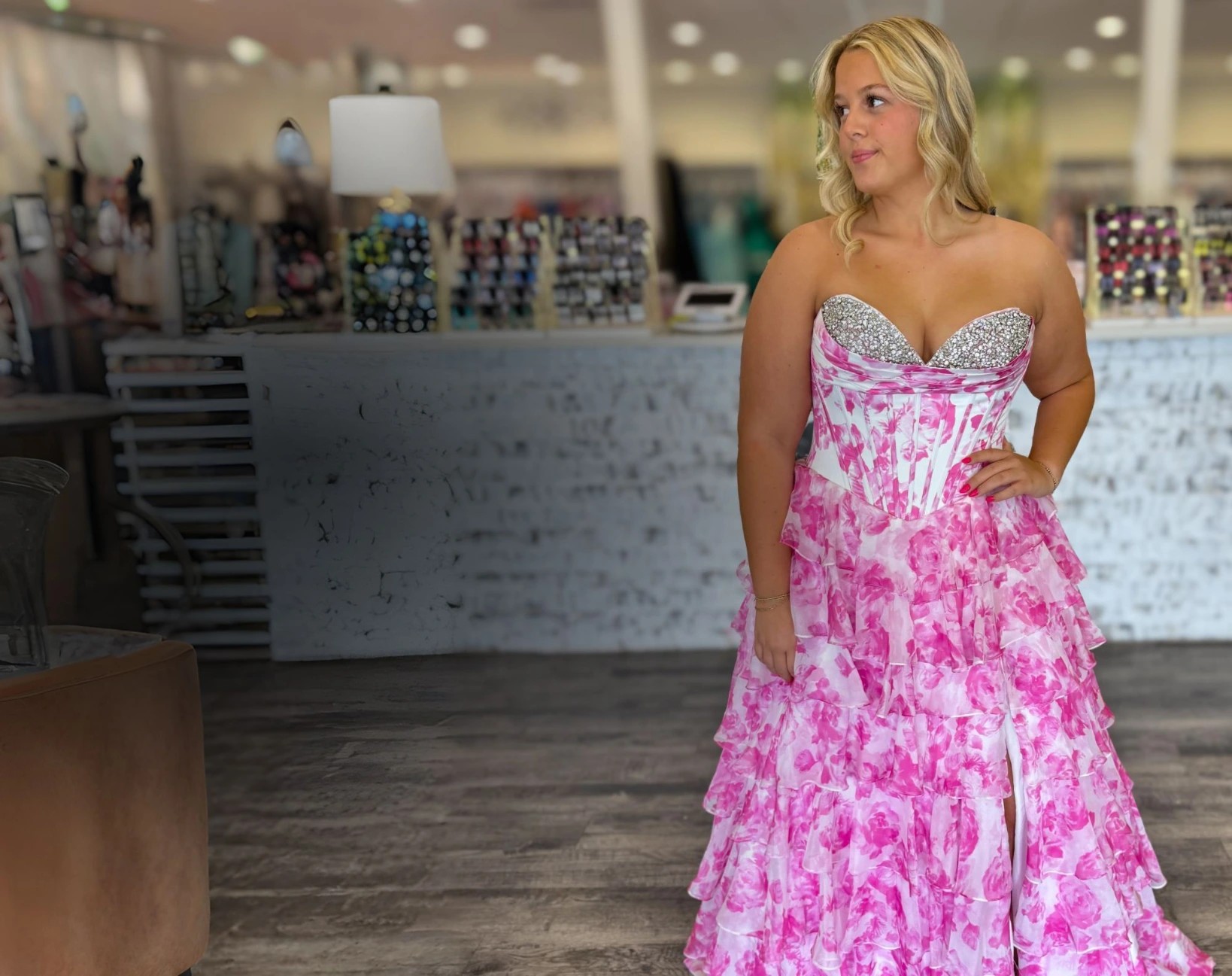 Model wearing a green gown