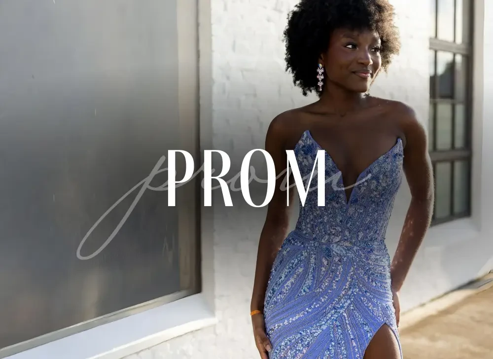 Model wearing a gold prom gown